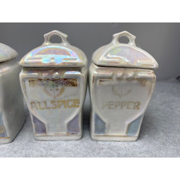 Vintage German Iridescent Porcelain Spice Jar Set 1920s - Picture 2 of 14